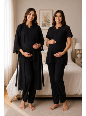 Effortt 9024 Siyah Fistolu Sabahlıklı Hamile Lohusa Pijama Takımı